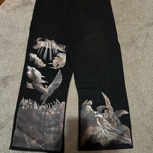 Artistic Black Angelic Print Men's Jeans